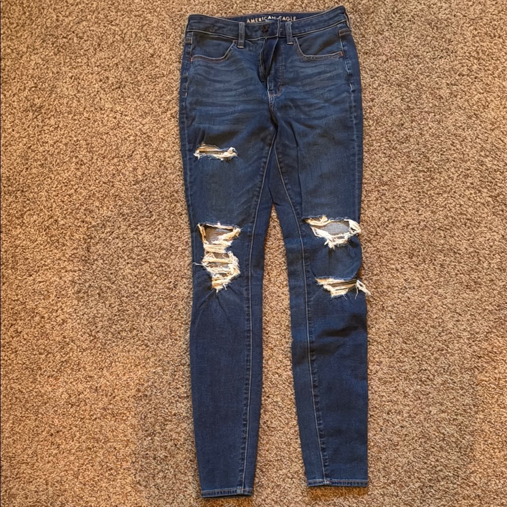 American Eagle Outfitters Blue Skinny Jeans with Distressed Details
